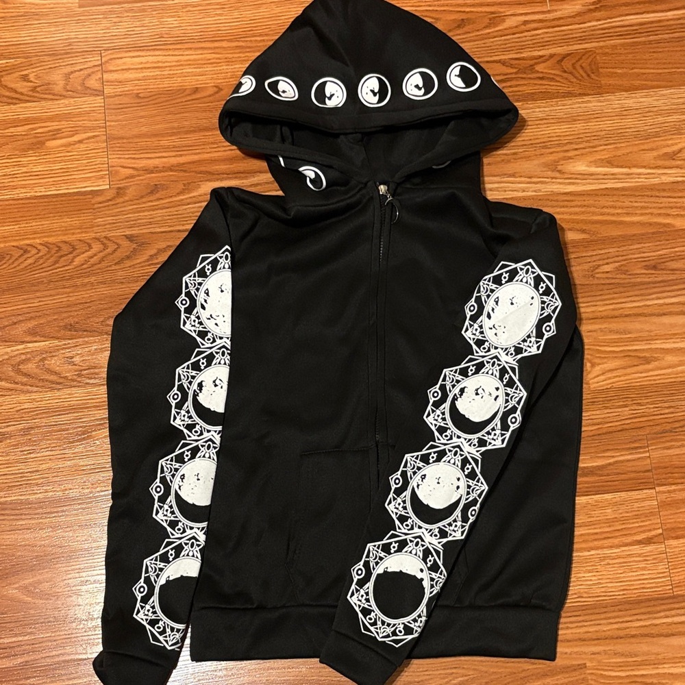 Moon Stages Gothic Black Hoodie with Graphic Accents - Picture 1 of 7